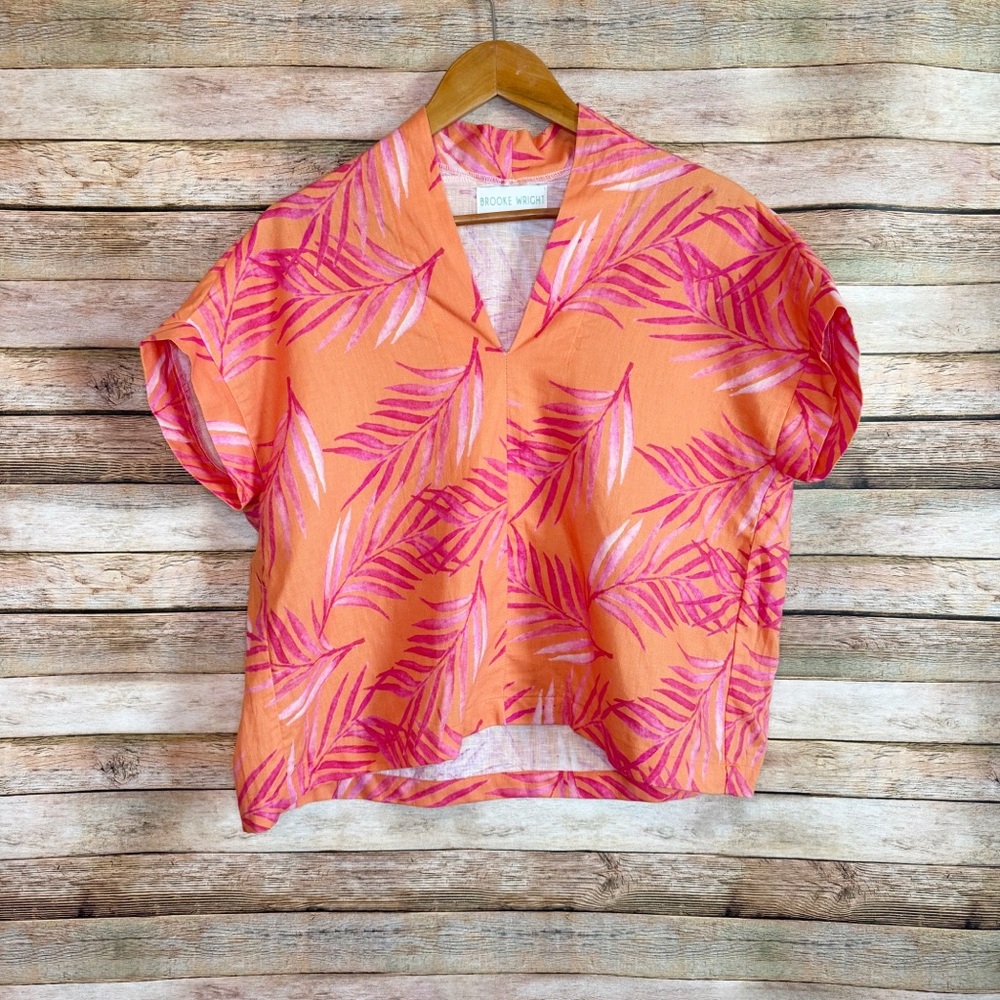 Brooke Wright Women's Orange Kimono Palm Leaf Tropical Linen Blend Top One Size